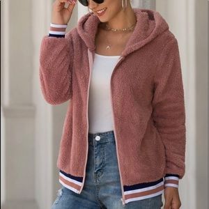Striped zip up hooded teddy jacket